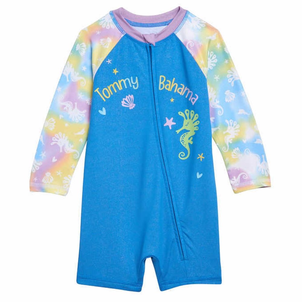 NWT Tommy Bahama Baby Swim Set with Blue LS One-piece Suit & Sun Hat 18/24M